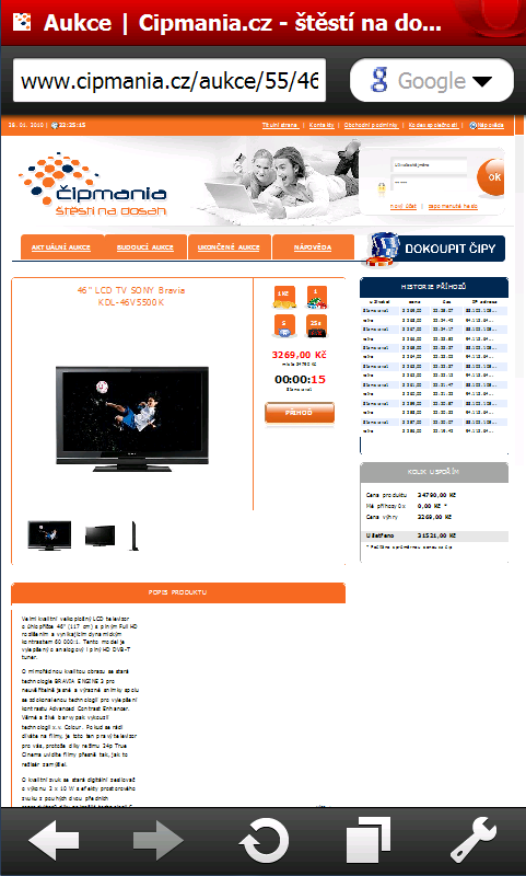 Online aukce - Cipmania.cz na HTC HD a Opera Mobile 10